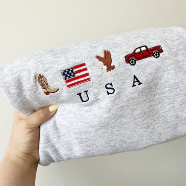 USA Embroidered Icons Crewneck Sweatshirt | America Sweatshirt | 4th of July crewneck | Country, Western, Cowboy Sweatshirt | G18EFJ2